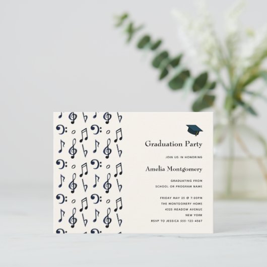 Cute Musical Notes Pattern Afstuderen Invitation Uitnodiging Briefkaart (Staand voorkant)