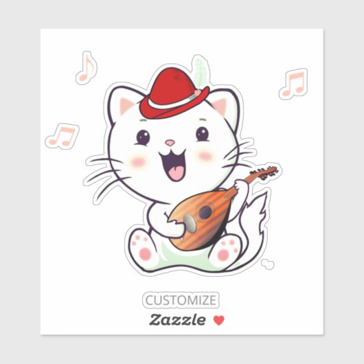 Cute Musical White Cat met Mandolin Sticker (Vel)