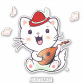 Cute Musical White Cat met Mandolin Sticker (Voorkant)