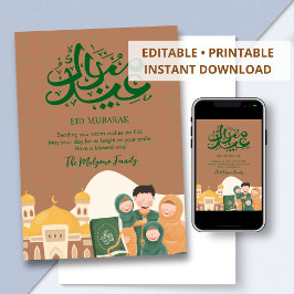 Cute Muslim Family and Mosque Eid Mubarak Card Feestdagenkaart