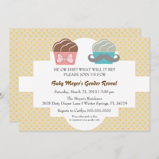 Cute Mustache & Bow Cupcake Gender onthullen Invit Kaart (Voorkant / Achterkant)