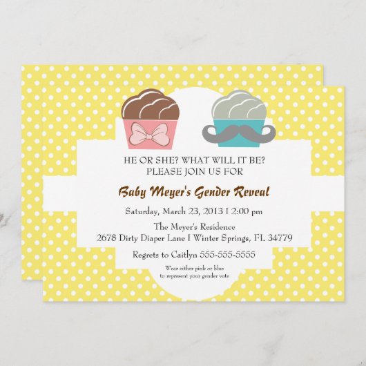 Cute Mustache & Bow Cupcake Gender onthullen Invit Kaart (Voorkant / Achterkant)