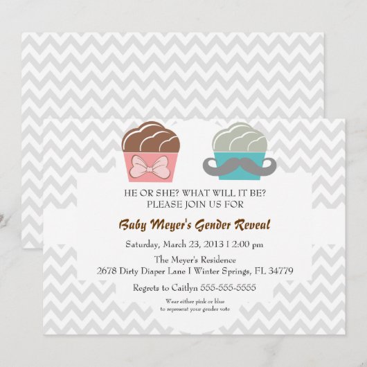 Cute Mustache & Bow Cupcake Gender onthullen Invit Kaart (Voorkant / Achterkant)