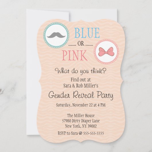 Cute Mustache & Bow Gender onthullen Invite Kaart (Voorkant)