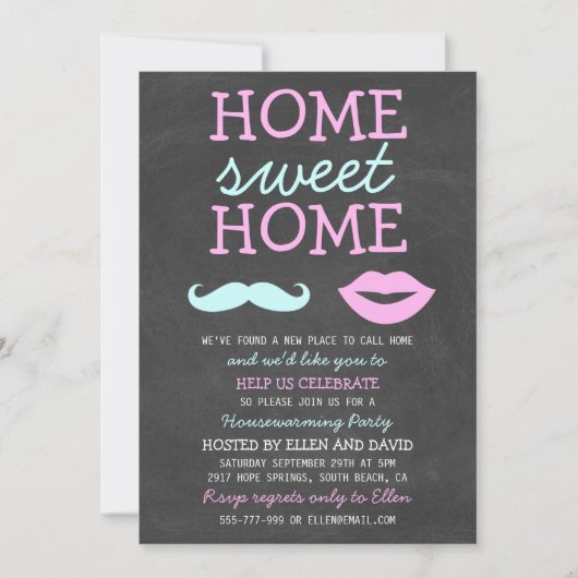 Cute Mustache & Lips Home Sweet Home Invitations Kaart (Voorkant)