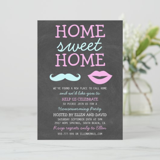 Cute Mustache & Lips Home Sweet Home Invitations Kaart (Staand voorkant)