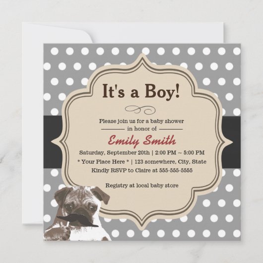 Cute Mustache Pug Polka Dots Baby shower Kaart (Voorkant)