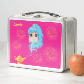 Cute mystic genie, magische lamp & vuurwerk op roz (In situ)