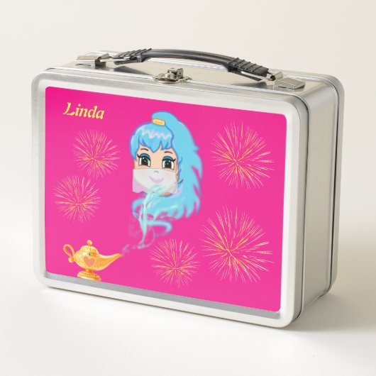Cute mystic genie, magische lamp & vuurwerk op roz (Voorkant)