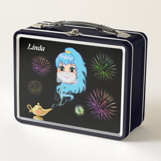 Cute mystic genie, magische lamp & vuurwerk op zwa (Voorkant)