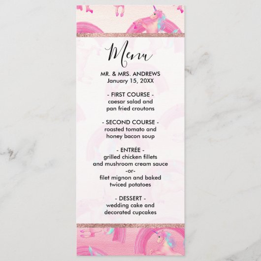 Cute Mythical Pink Unicorn Rainbow Waterverf Menu (Voorkant)