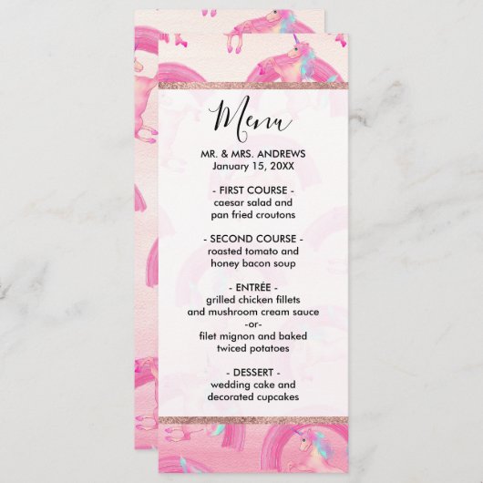 Cute Mythical Pink Unicorn Rainbow Waterverf Menu (Voorkant / Achterkant)