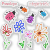 Cute Naive Garden Flowers en Ladybugs met naam Sticker (Voorkant)