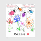 Cute Naive Garden Flowers en Ladybugs met naam Sticker (Vel)