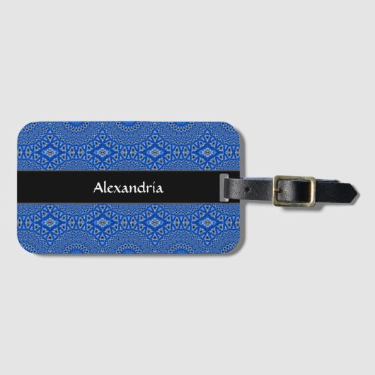 Cute Name Monogram Pattern Blue Black Travel Bagagelabel (Voorkant (horizontaal))