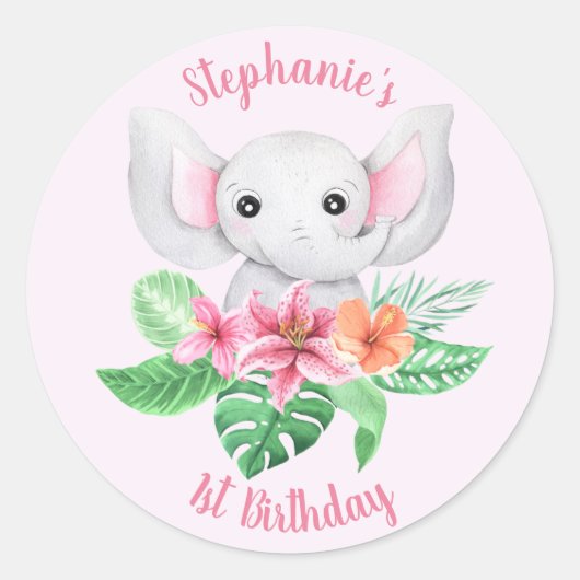 Cute Name Oerwoud Pink Grey Elephant 1st Birthday Ronde Sticker (Voorkant)