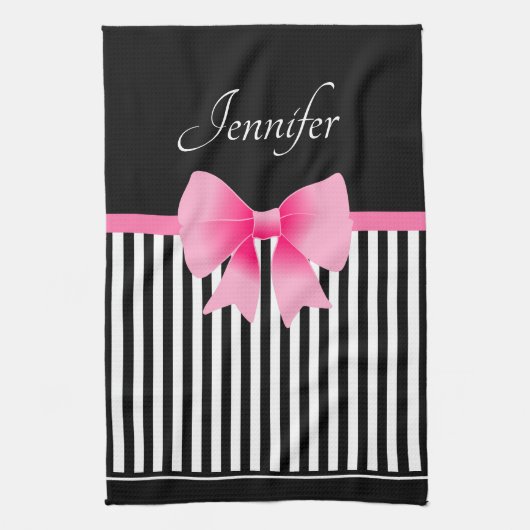 Cute Name Pink Ribbon Black White Stripes Pattern Theedoek (Verticaal)