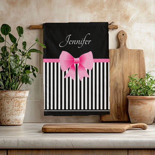 Cute Name Pink Ribbon Black White Stripes Pattern Theedoek