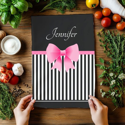 Cute Name Pink Ribbon Black White Stripes Pattern Theedoek