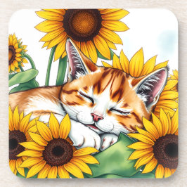 Cute Napping Kitten and Sunflowers Bier Onderzetter