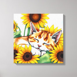 Cute Napping Kitten and Sunflowers Canvas Afdruk