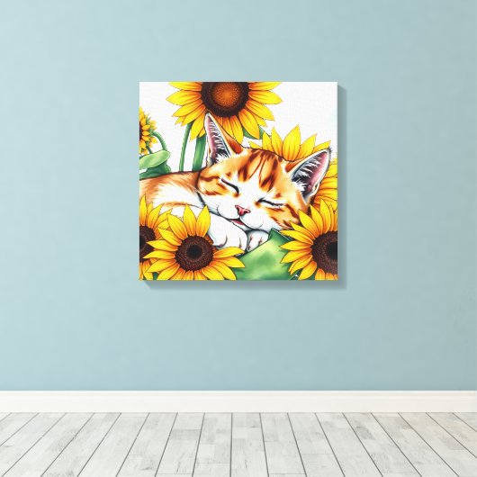Cute Napping Kitten and Sunflowers Canvas Afdruk (Insitu (Houten vloer))