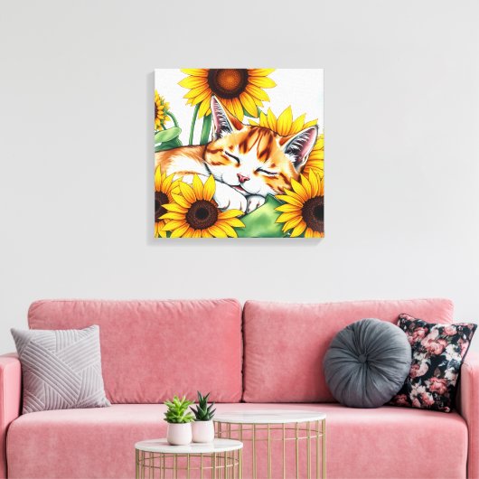Cute Napping Kitten and Sunflowers Canvas Afdruk (Insitu (Woonkamer))