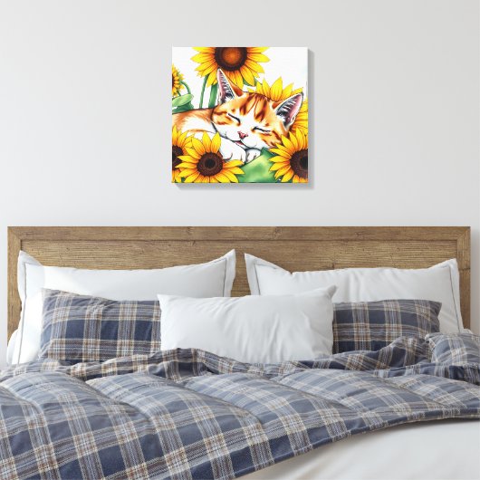 Cute Napping Kitten and Sunflowers Canvas Afdruk (Insitu (Slaapkamer))