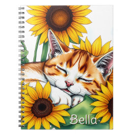 Cute Napping Kitten and Sunflowers Personalized Notitieboek