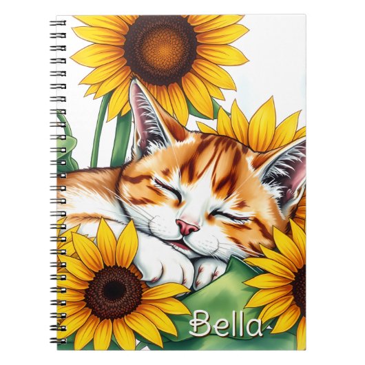 Cute Napping Kitten and Sunflowers Personalized Notitieboek (Voorkant)