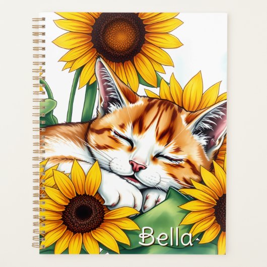 Cute Napping Kitten and Sunflowers Personalized Planner (Voorkant)