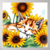 Cute Napping Kitten and Sunflowers Poster (Voorkant)