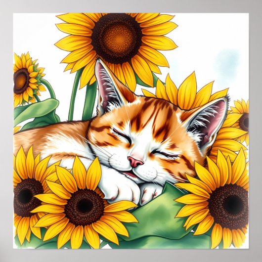 Cute Napping Kitten and Sunflowers Poster (Voorkant)