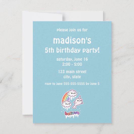 Cute Narwhal Birthday Party Invitations Kaart (Achterkant)
