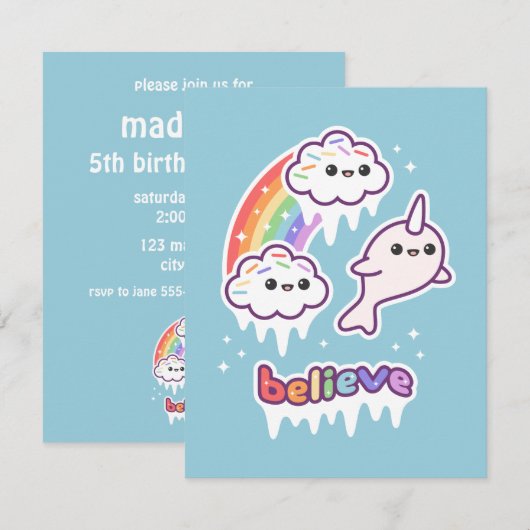 Cute Narwhal Birthday Party Invitations Kaart (Voorkant / Achterkant)
