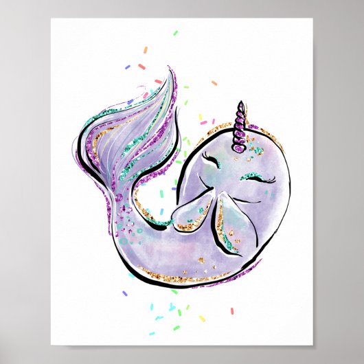 Cute Narwhal Cartoon Kawaii Illustratie Naam toevo Poster (Voorkant)