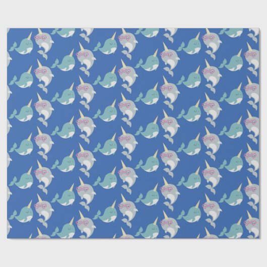 Cute Narwhal Cartoon Pattern in Blue Cadeaupapier (Vlak)