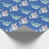Cute Narwhal Cartoon Pattern in Blue Cadeaupapier (Hoek)
