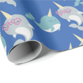 Cute Narwhal Cartoon Pattern in Blue Cadeaupapier (Rol Hoek)