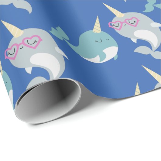 Cute Narwhal Cartoon Pattern in Blue Cadeaupapier (Rol Hoek)