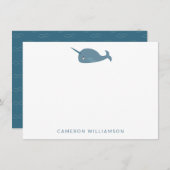 Cute Narwhal in Blue Personalized Baby en Kinderen Notitiekaartje (Voorkant / Achterkant)