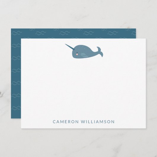 Cute Narwhal in Blue Personalized Baby en Kinderen Notitiekaartje (Voorkant / Achterkant)