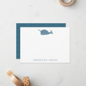 Cute Narwhal in Blue Personalized Baby en Kinderen Notitiekaartje (Voorkant / Achterkant in situ)