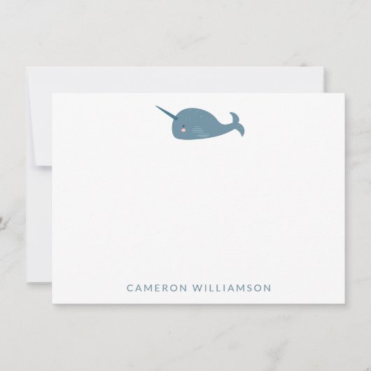 Cute Narwhal in Blue Personalized Baby en Kinderen Notitiekaartje (Voorkant)