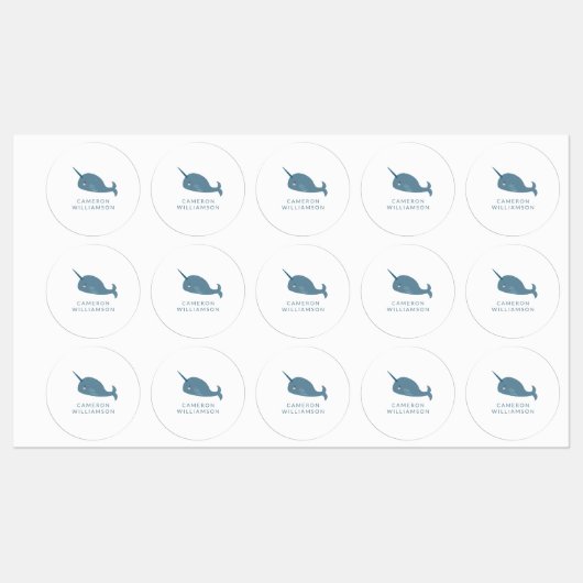 Cute Narwhal in Blue Personalized Labels (Vel)