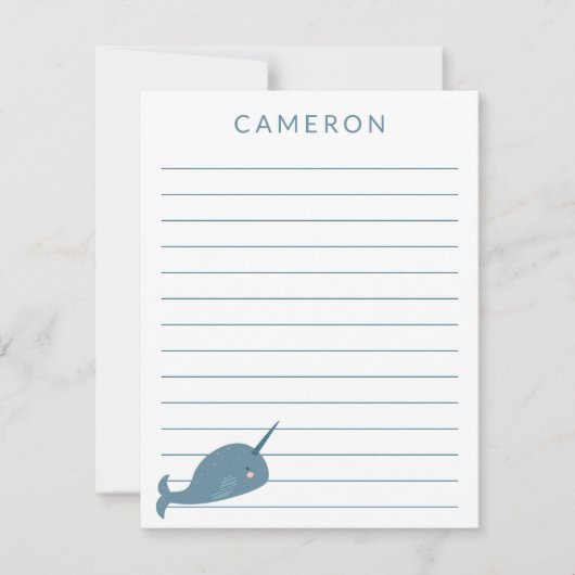 Cute Narwhal in Blue Specialized Kinderen Lined Bedankkaart (Voorkant)