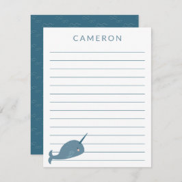 Cute Narwhal in Blue Specialized Kinderen Lined Bedankkaart
