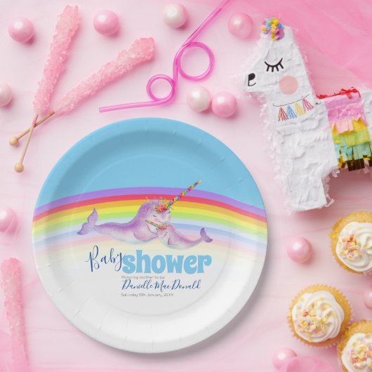 Cute narwhal moeder babyblauwe regenboog baby show papieren bordje (Feest)