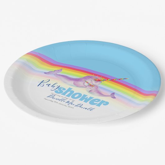 Cute narwhal moeder babyblauwe regenboog baby show papieren bordje (Gekanteld)