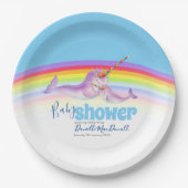 Cute narwhal moeder babyblauwe regenboog baby show papieren bordje (Voorkant)